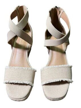 Lauren Blakwell Lizzie Wedge Sandal Frayed Canvas Espadrille Strappy Womans US 7
